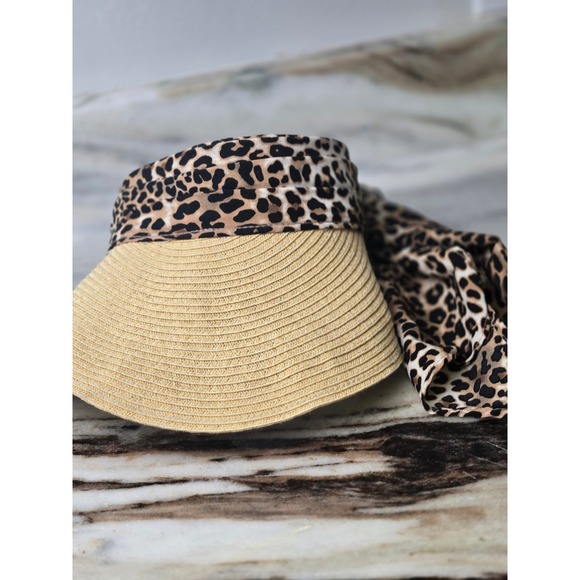 August Hat Company Accessories - August Hat Company Leopard Print Scarf Tie Straw Visor Tan Brown RN 67508
